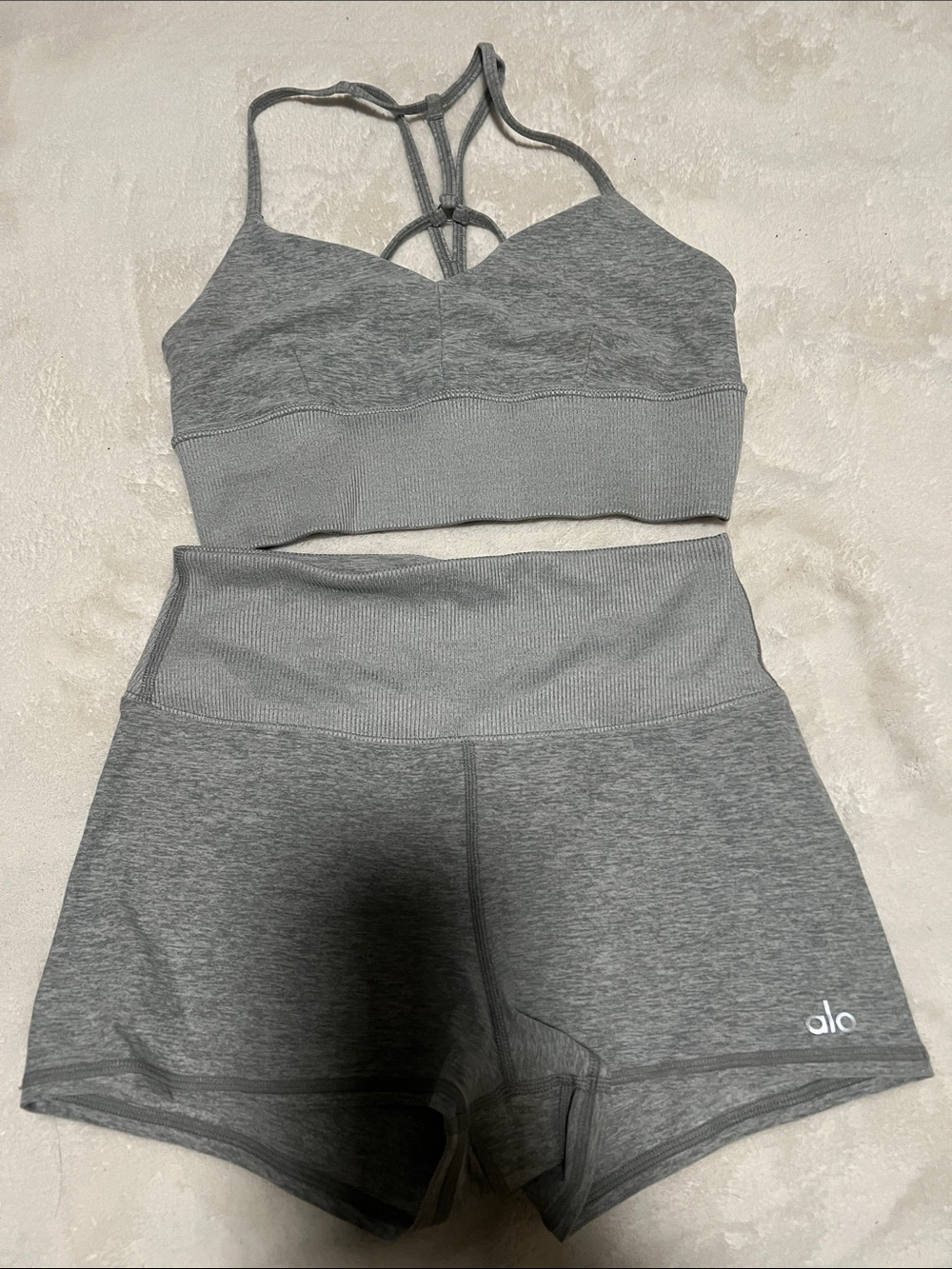 ALO Yoga Grey Seamless Strappy Sports Bra and High-Waist Shorts Set
